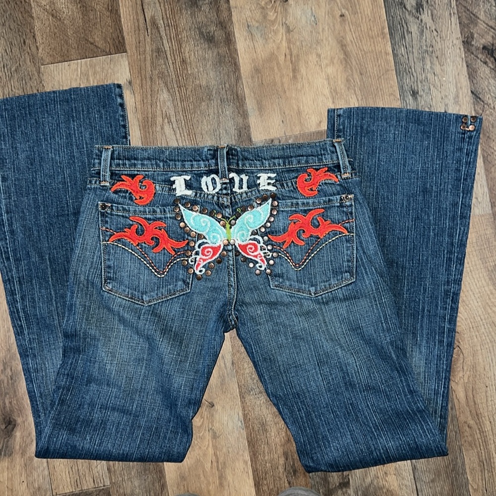 People for peace embroidered blue jeans